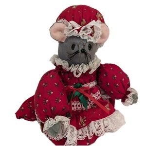 Vintage Felt Christmas Granny Mouse MRS CLAUS Holding Horn 11 Inches Holiday